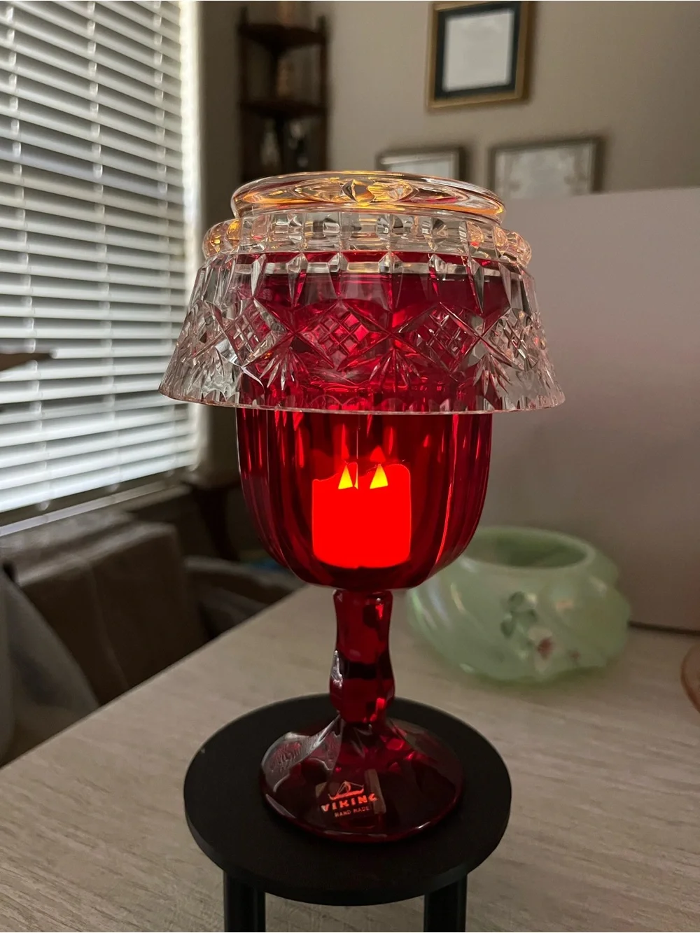 Vintage Viking Ruby Red Goblet Glass Fairy Lamp with Clear Shade